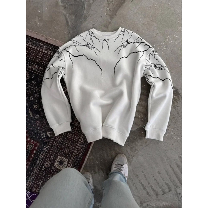 Biçomi Yıldırım Baskılı Bisiklet Yaka SweatShirt - Beyaz