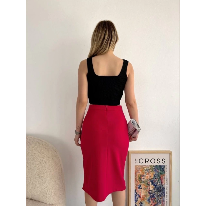 BİÇOMİ Yırtmaçlı esnek kumaş midi boy etek koyu kırmızı