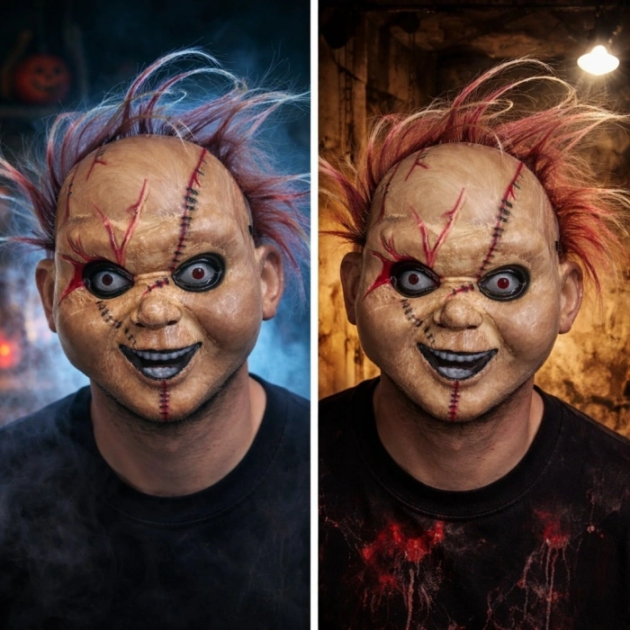 Çaki Korku Bebek Maskesi – Saçlı Plastik Yüz Maskesi