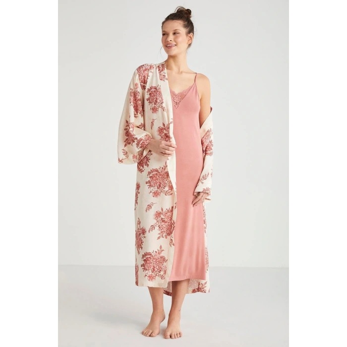 Catherines %100 Viskon Çiçek Desen 2li Sabahlık Gecelik Takımı