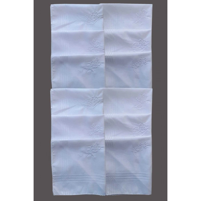 Çiçek İşlemeli Bayan Mendili 12 Adet 28x28 cm 100 Pamuk