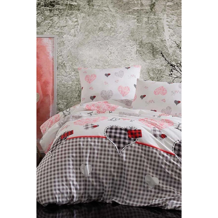 Çift Kişilik Lastikli Çarşaflı Pamuklu Nevresim Takımı Patchwork Love