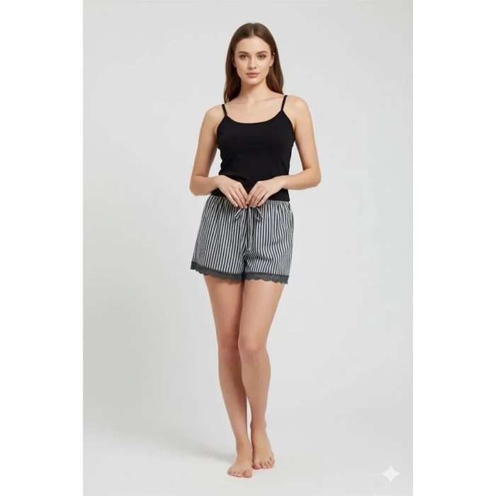 Çizgili Penye Kadın Ev Şortu Bacak Dantel Detaylı Ev Giyim Siyah