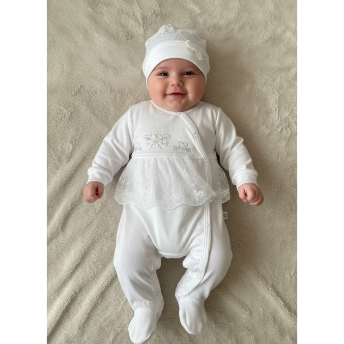 Dantelli Çiçek Nakışlı Kız Bebek Tulum %100 Pamuk