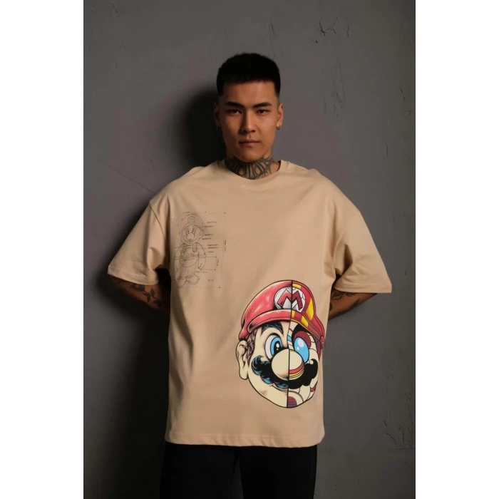 Erkek Mario Baskılı Oversize T-Shirt - Bej