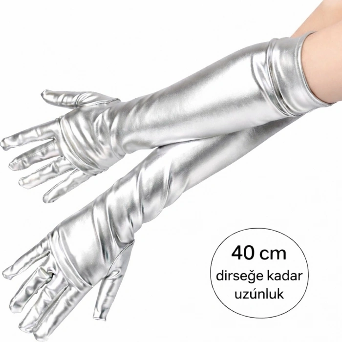 Gümüş Renk Dirsek Altı Lüks Saten Eldiven 40 Cm