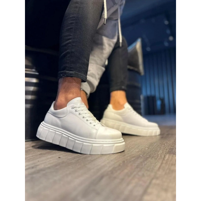 JY144 Volt Bağcıklı Cilt Erkek Günlük Sneaker Yüksek Taban Ayakkabı CBT Beyaz