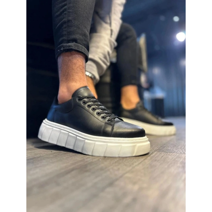 JY144 Volt Bağcıklı Cilt Erkek Günlük Sneaker Yüksek Taban Ayakkabı CBT Siyah