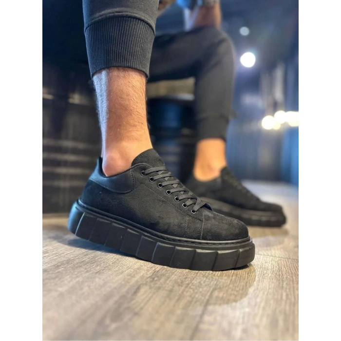 JY144 Volt Bağcıklı Süet Erkek Günlük Sneaker Yüksek Taban Ayakkabı SST Siyah