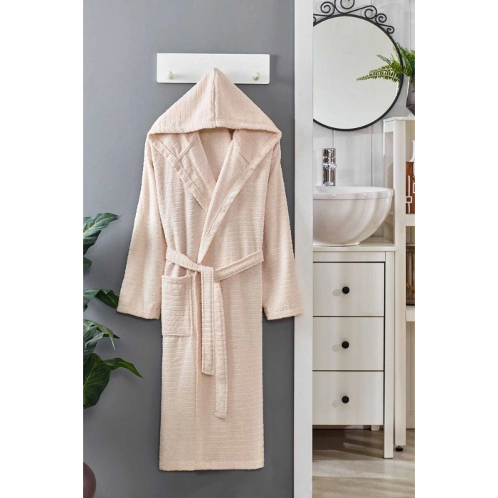 Kapüşonlu Unisex Banyo Bornozu %100 Soft Pamuklu Krem