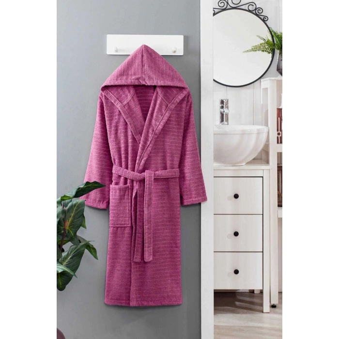 Kapüşonlu Unisex Banyo Bornozu %100 Soft Pamuklu Mürdüm