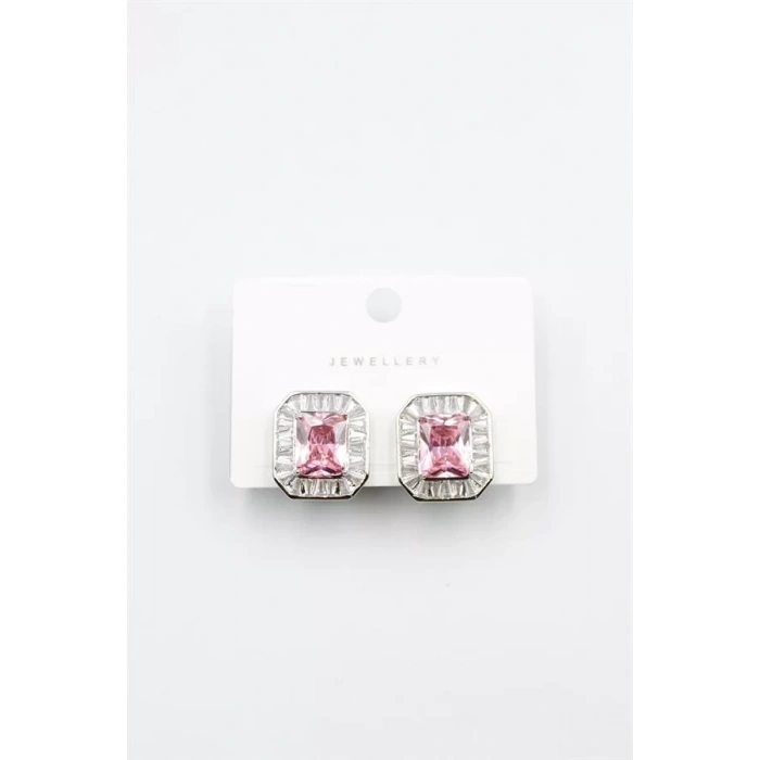 Kare Taşlı Küpe - Pembe