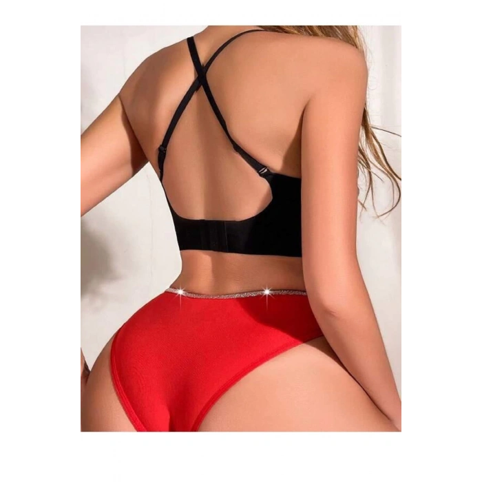 Kırmızı Simli Yanları Şeritli Şık Fantezi Külot