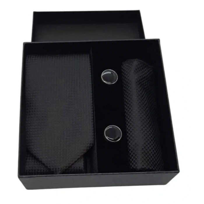 Kravat Düğme Set Siyah Desenli Kravat Mendil Kol Düğmesi Özel Set