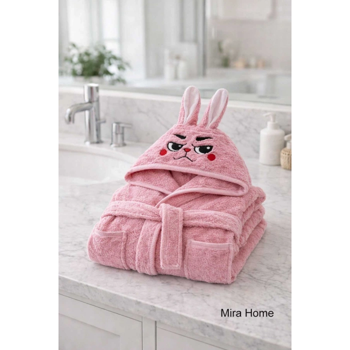 Pembe Tavşan Nakışlı Kulaklı Bebek ve Çocuk Bornozu