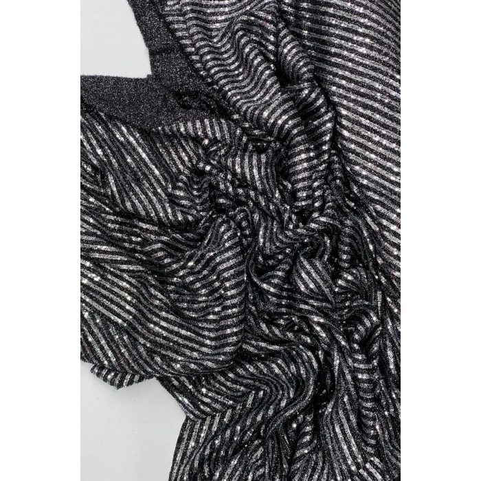 Sakallı Çizgili Pullu Kumaş  Pullu Payet Kumaş Abiye Nişan Düğün Siyah