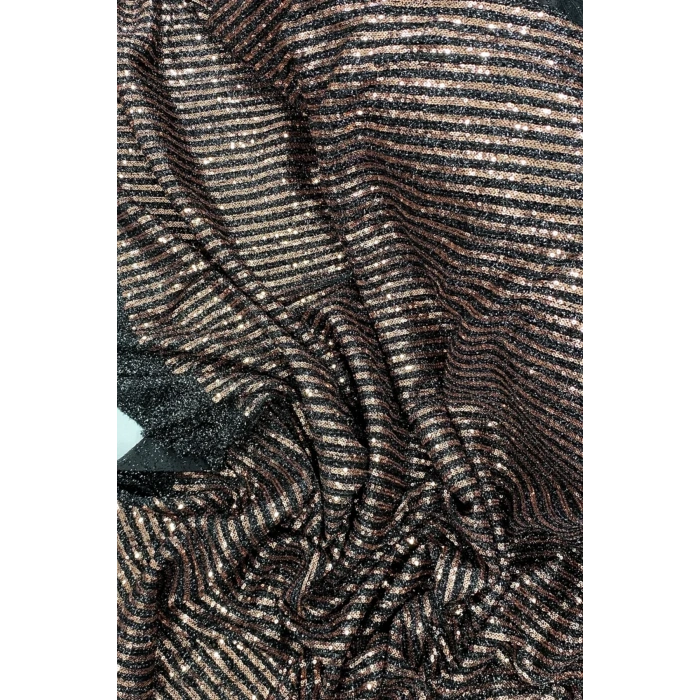 Sakallı Çizgili Pullu Kumaş  Pullu Payet Kumaş Abiye Nişan Düğün Siyah Bakır