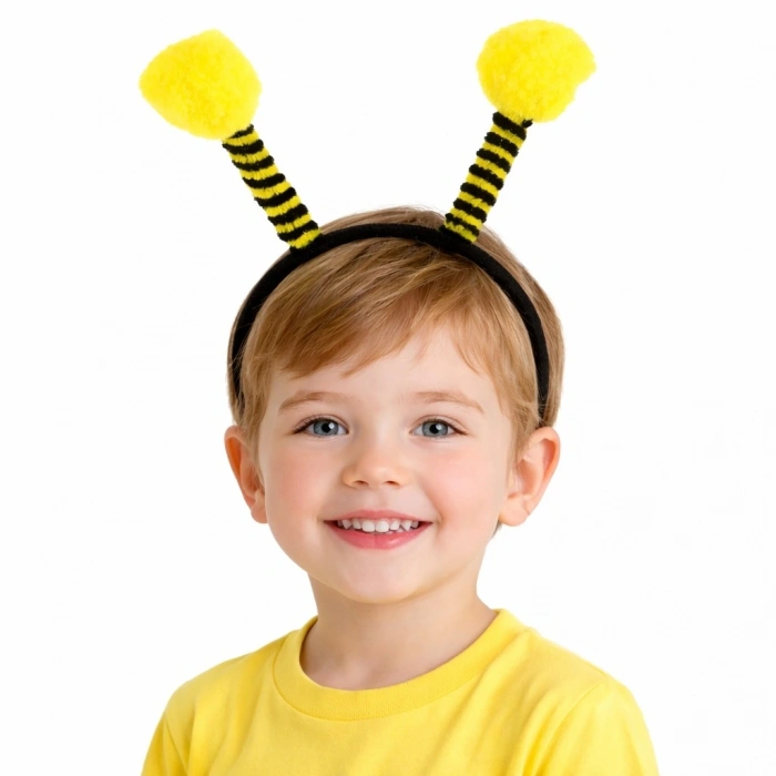Sarı Siyah Arı Antenli Taç - Çocuk Arı Tacı Mega Ponponlu