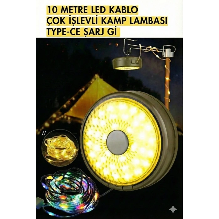 Şarjlı 10 Metre Ledli Şarj Göstergeli 8 Işık Modlu Hareketli Ve Flaşör Modlu Kamp Lambası Led Işık