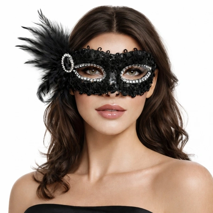 Siyah Taşlı Venedik Parti Maskesi – Tüylü Payetli