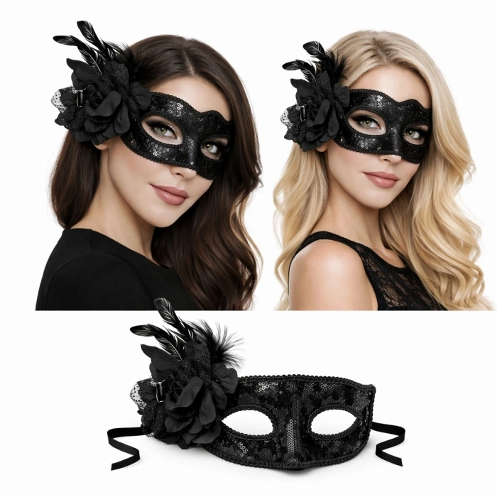 Siyah Venedik Parti Maskesi – Çiçekli Tüylü Payetli