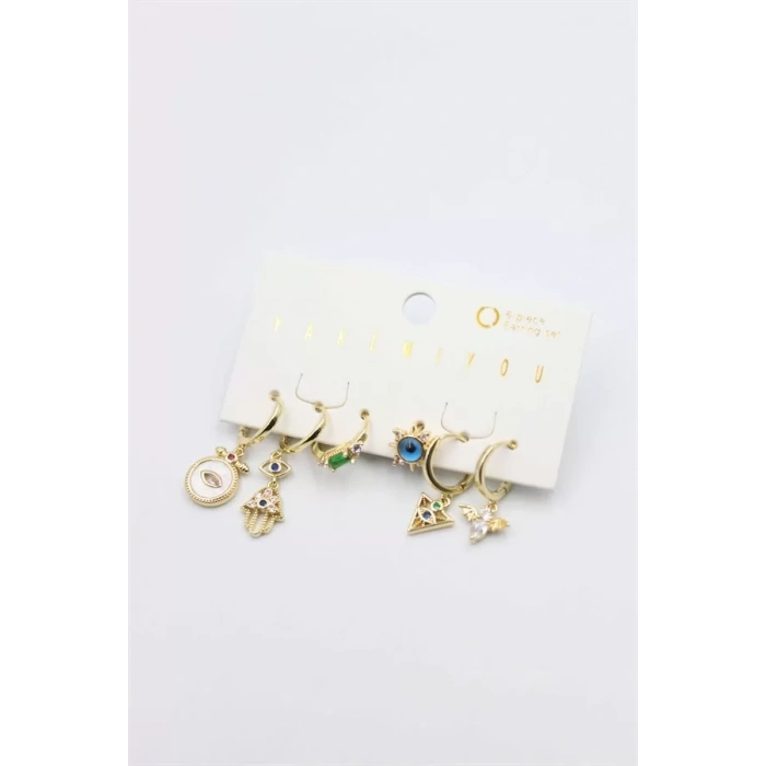 Taşlı Set Küpe - Altın