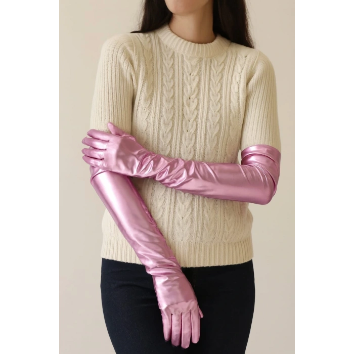 Uzun Boy Ekstra Parlak Eldiven Pembe Renk İç Kısım Vinleks Deri Dirsek Boyu