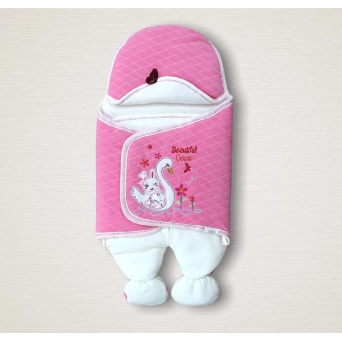 Yenidoğan Çiçekli Ördek Nakışlı Şapkalı Kız Bebek Ayaklı Kundak Bebek Battaniyesi Pembe