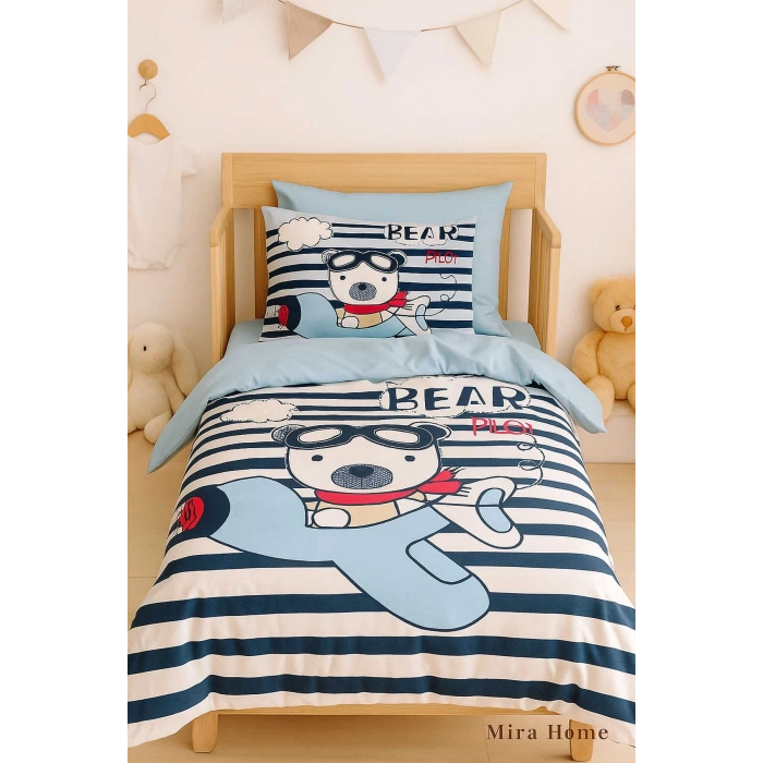 Yenidoğan Erkek Bebek Nevresim Takımı %100 Pamuklu Bear Pilot