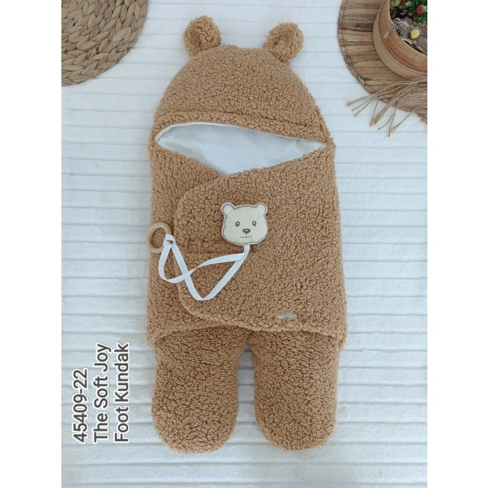 Yenidoğan Kulaklı Şapkalı Açılır Kucaklı Cırt Kapamalı Ayaklı Bebek Battaniyesi Kundak Kahverengi