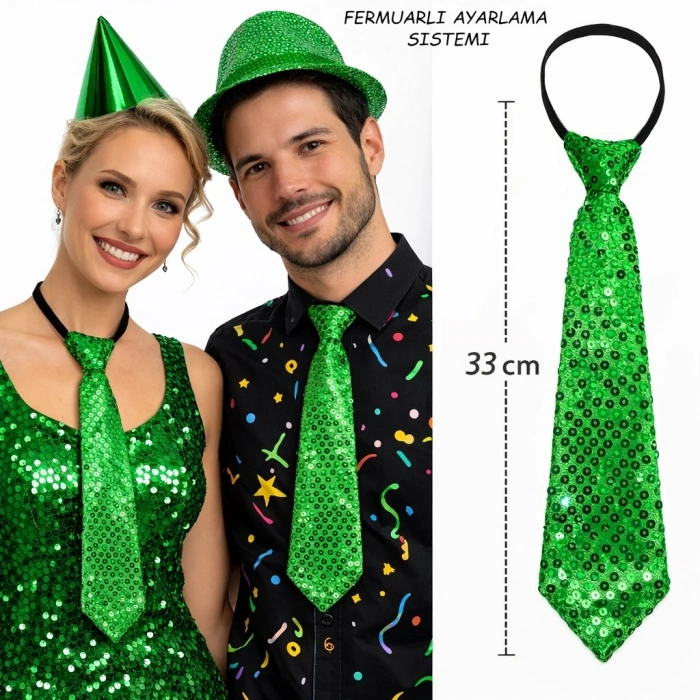 Yeşil Renk Pul Payetli Işıltılı Parti Kravatı 33 Cm