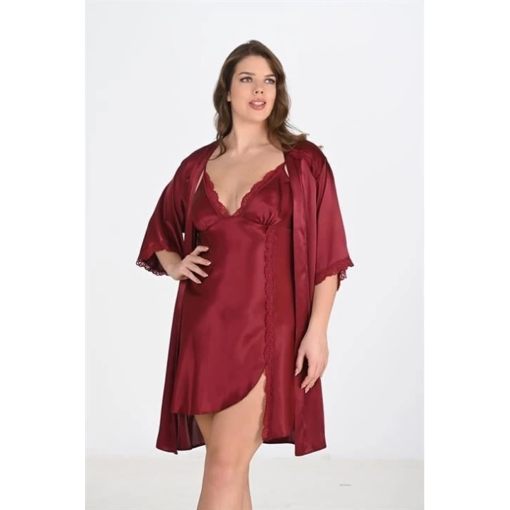 Bicomi Büyük Beden 2li Bordo Sabahlık Takımı Bigsize
