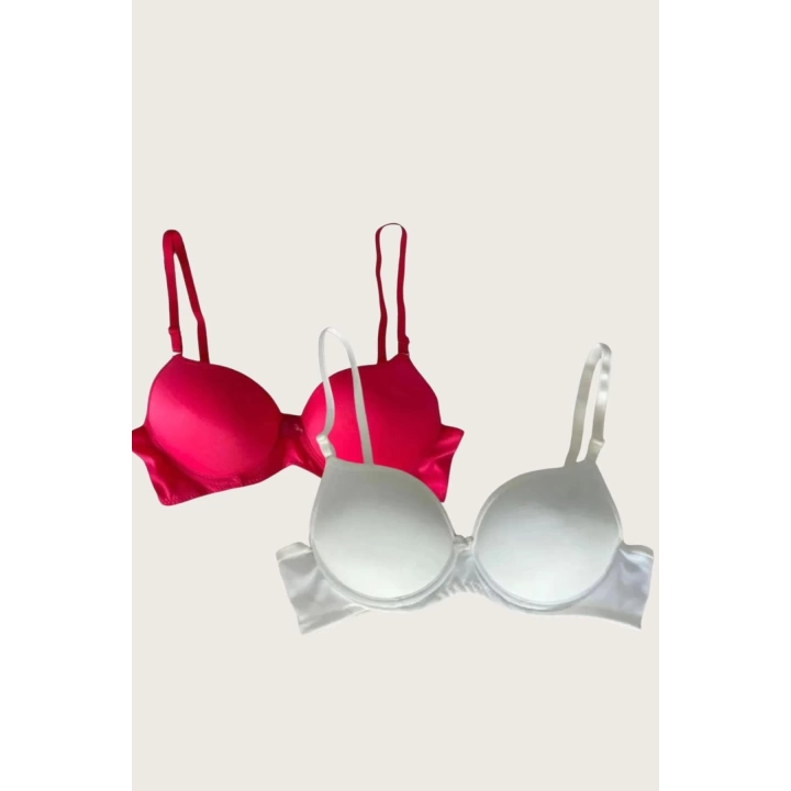 Bicomi Kırmızı-Beyaz 2li Mikro Kumaş Push Up Dolgulu Balenli Günlük Destekli Sütyen