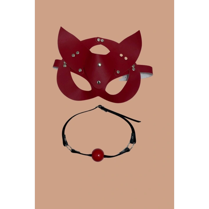 Bicomi Kırmızı Deri Maske ve Ağız Topu Harness Aksesuar