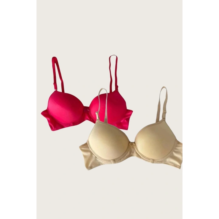 Bicomi Ten-Kırmızı 2li Mikro Kumaş Push Up Dolgulu Balenli Günlük Destekli Sütyen