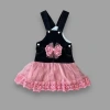 2-3-4 Yaş Fiyonklu Düğme Detaylı Tül Etek Kot Kumaş Salopet Kız Çocuk Elbisesi Siyah-gül Kurusu