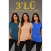 Biçomi 3’lü Kısa Kollu Bisiklet Yaka Basic Slim Fit T-Shirt -Petrol Mavisi  - Bej - Mavi