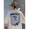 Biçomi Baskılı Oversize Bisiklet Yaka T-shirt - Beyaz