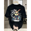 Biçomi Baskılı Oversize Bisiklet Yaka T-shirt - Siyah