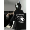 Biçomi Baskılı Oversize Bisiklet Yaka T-shirt - Siyah
