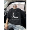 Biçomi Baskılı Oversize Bisiklet Yaka T-shirt - Siyah