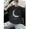 Biçomi Baskılı Oversize Bisiklet Yaka T-shirt - Siyah