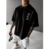Biçomi Baskılı Oversize Bisiklet Yaka T-shirt - Siyah