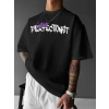 Biçomi Baskılı Oversize Bisiklet Yaka T-shirt - Siyah