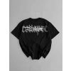 Biçomi Baskılı Oversize Bisiklet Yaka T-shirt - Siyah