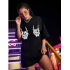 Biçomi Baskılı Oversize T-shirt - Siyah