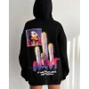 Biçomi Baskılı Üç İplik Kapüşonlu Oversize Sweatshirt - Siyah