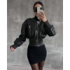 BİÇOMİ Beli büzgülü crop deri ceket siyah