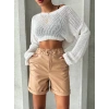 BİÇOMİ Beli lastikli duble paça deri şort bej w24755