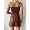 BİÇOMİ Çift fermuarlı deri şort kahve h24394